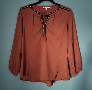 DR2 Terracotta Boho Western Blouse with Embellished Neckline Medium